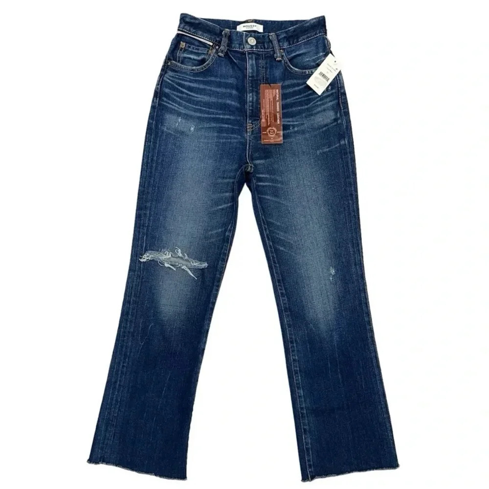 MOUSSY VINTAGE MV Rhode Cropped Flare Hi Rise Jeans in Dark Blue Frayed Size 25